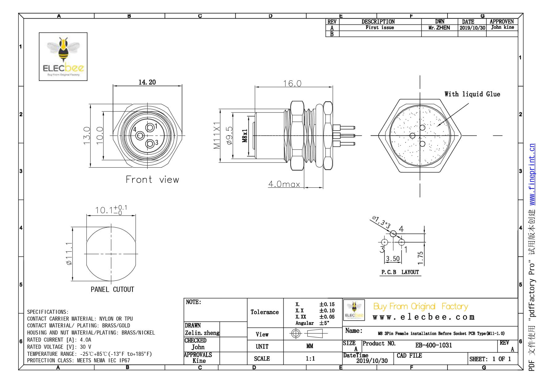 M8 3芯连接器直式PCB板端前锁连接器A型3芯防水母插座传感器