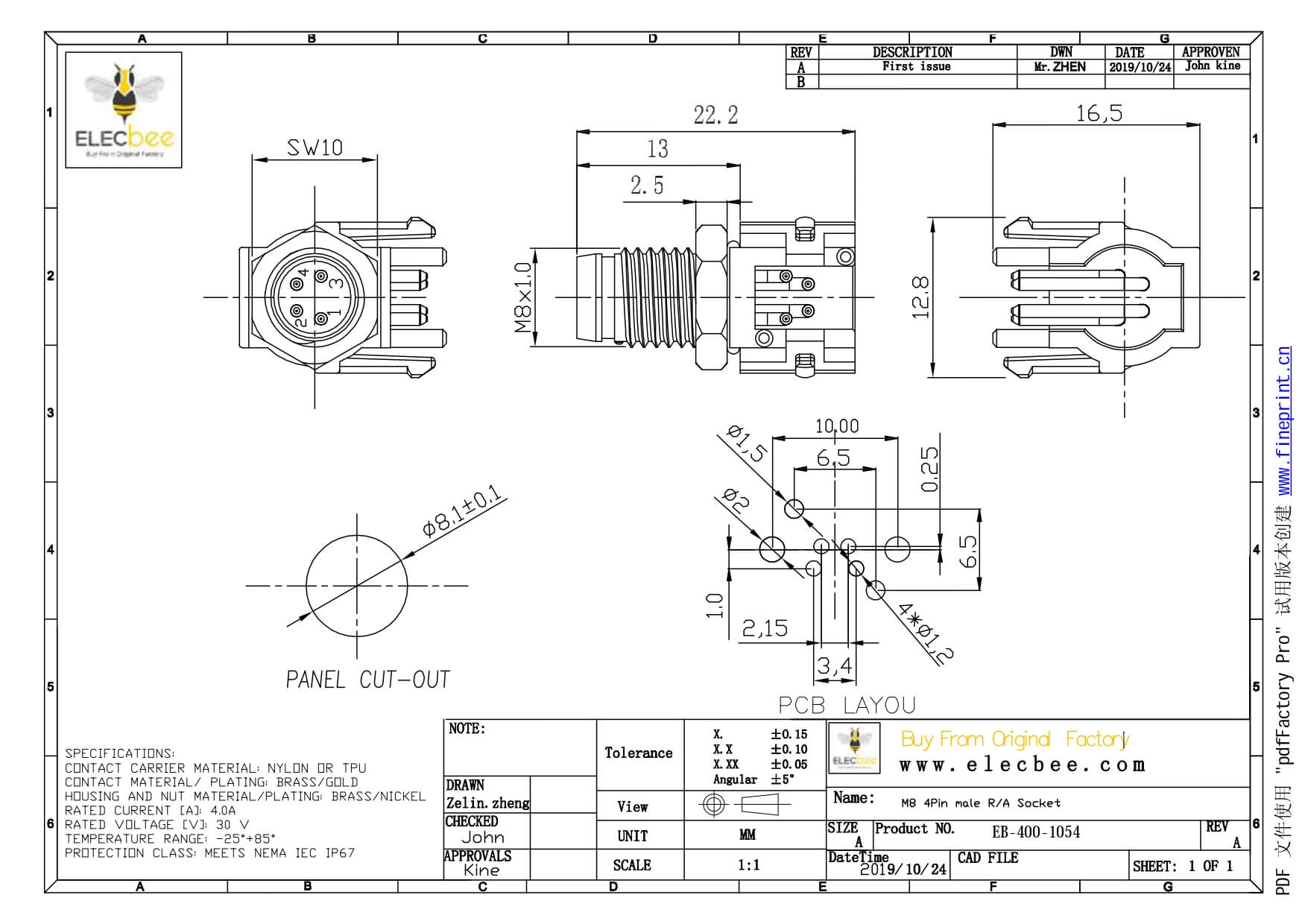 M8插板插座弯头PCB板端连接器A型4芯防水公座传感器