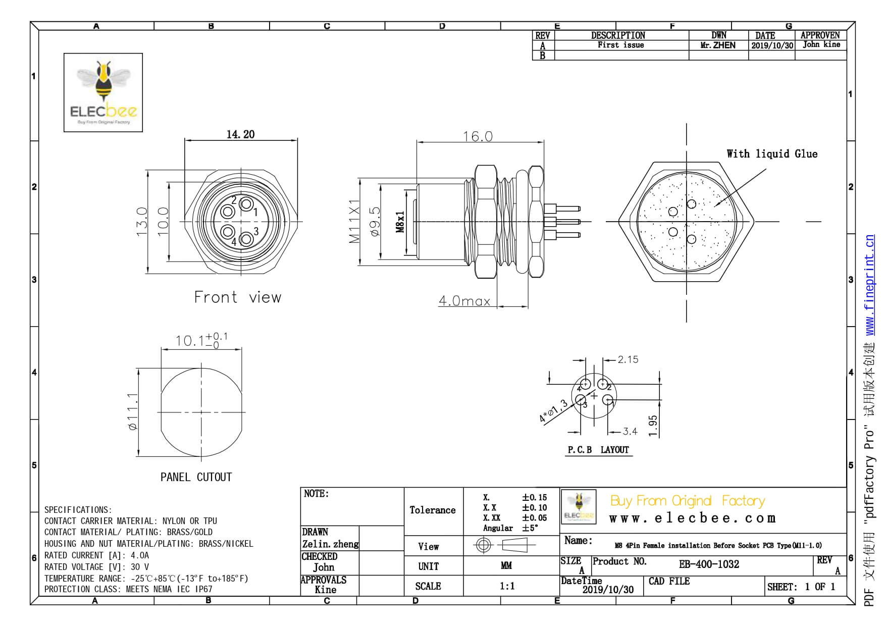 M8 防水连接器 A型板端前锁焊线式连接器4芯母插座