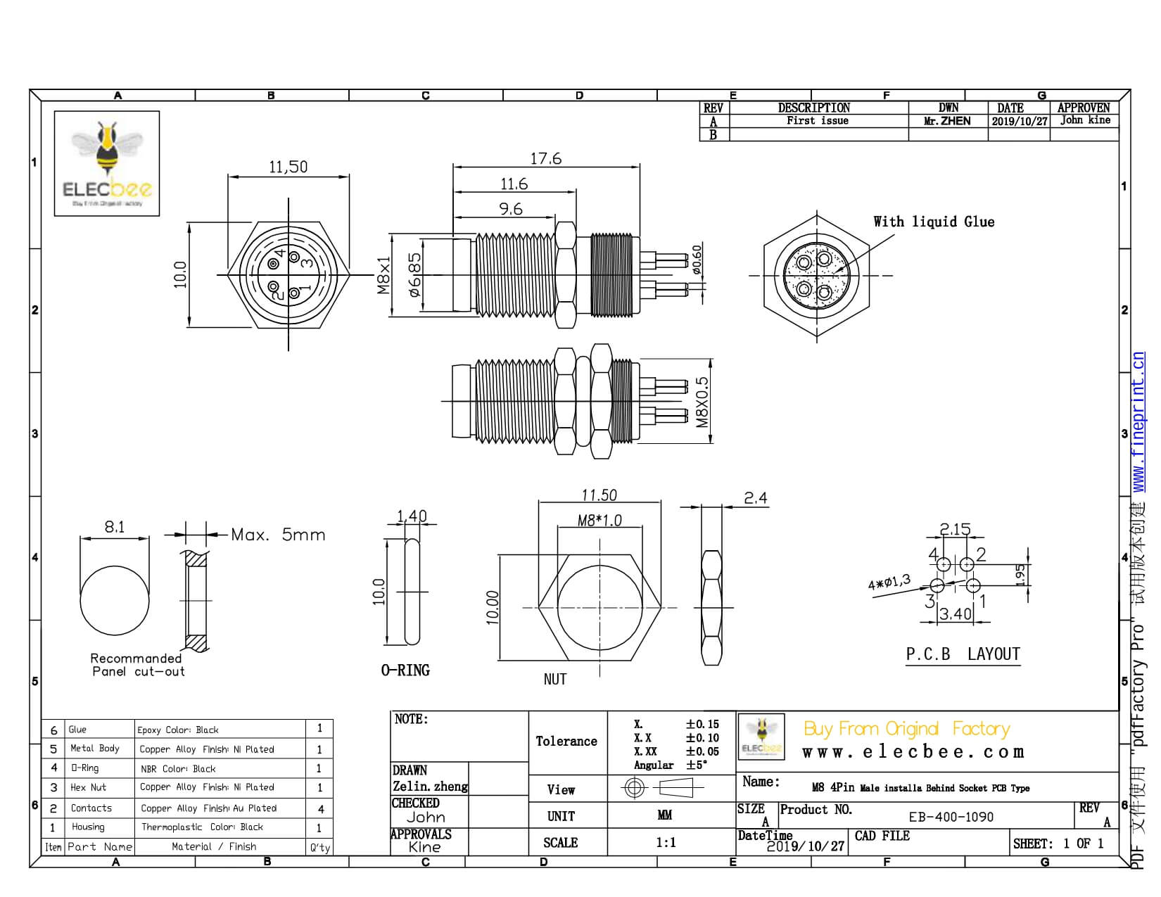 M8防水插座连接器A型PCB板端后锁4芯公插座传感器厂家